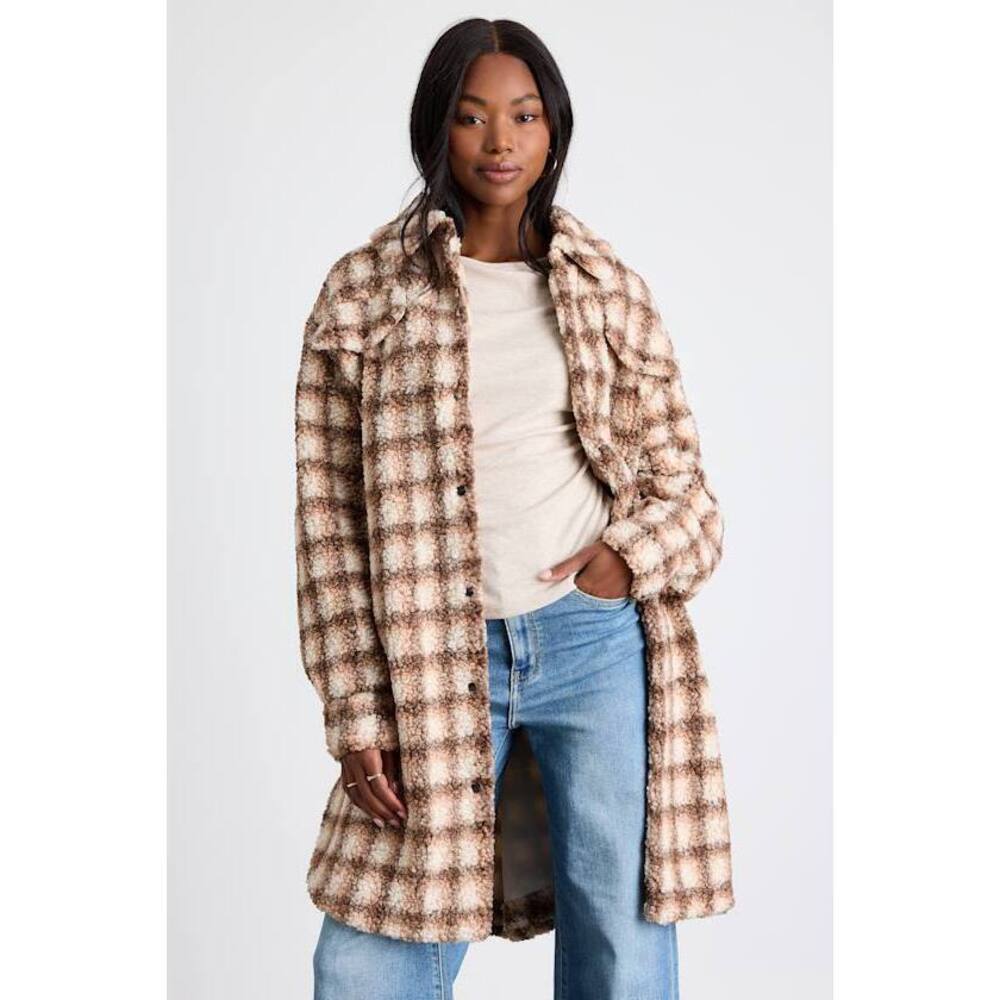 Lulus Winter Winds Beige And Brown Plaid Shearling Jacket - Size M
